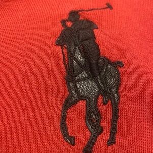 Ralph Lauren “67” Red/ black leather elbows/ and leather pony Hoodie ( callouts)